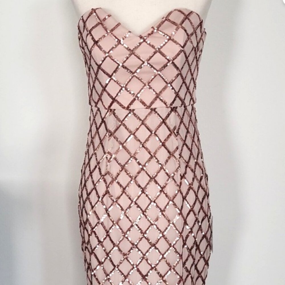Lumier Strapless Sequin Dress Rose Gold Plaid Sweetheart Neckline Fitted Size S